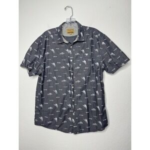 Free Nature Mens Large Gray Fish Print Short Sleeve Button Down Cotton Shirt